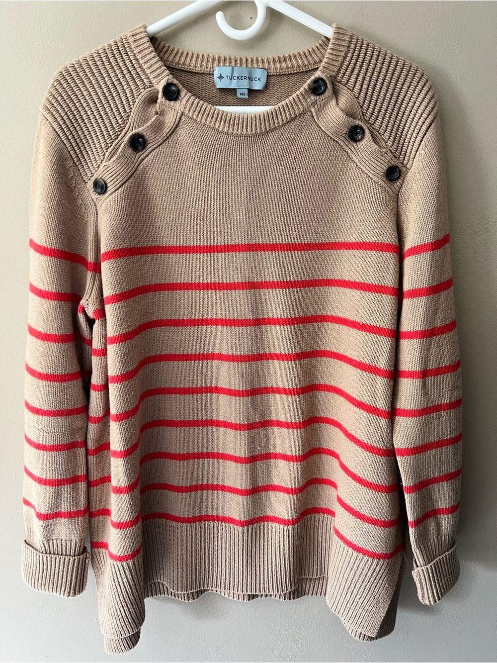 Tuckernuck Bar Harbor Stripe sweater in tan with coral red horizontal stripes.